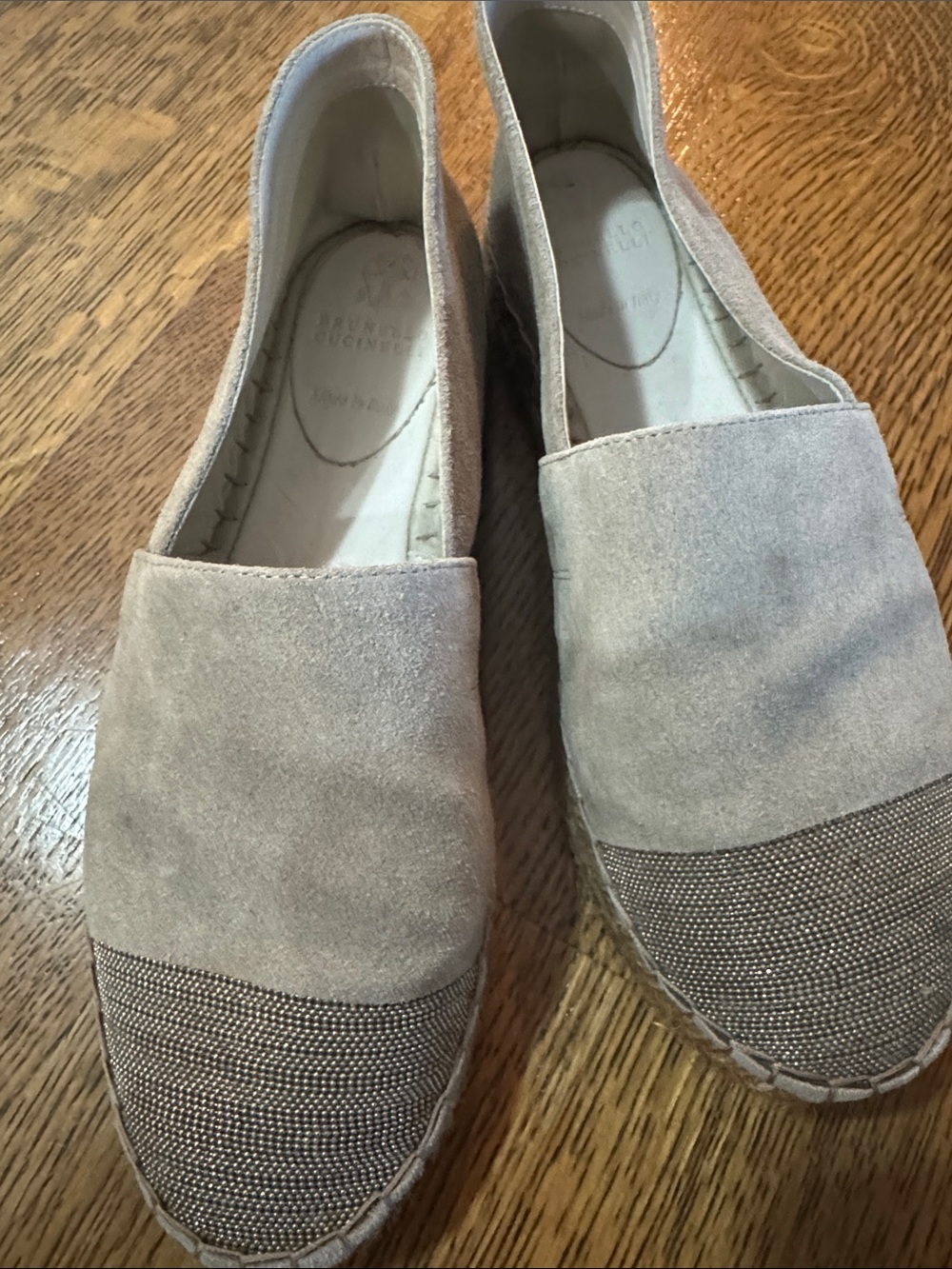 Brunello Cucinelli Taupe Suede and Woven Toe Espadrilles